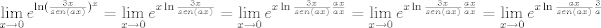 TEX: \[<br />\mathop {\lim }\limits_{x \to 0} e^{\ln (\frac{{3x}}<br />{{sen(ax)}})^x }  = \mathop {\lim }\limits_{x \to 0} e^{x\ln \frac{{3x}}<br />{{sen(ax)}}}  = \mathop {\lim }\limits_{x \to 0} e^{x\ln \frac{{3x}}<br />{{sen(ax)}}\frac{{ax}}<br />{{ax}}}  = \mathop {\lim }\limits_{x \to 0} e^{x\ln \frac{{3x}}<br />{{sen(ax)}}\frac{{ax}}<br />{{ax}}}  = \mathop {\lim }\limits_{x \to 0} e^{x\ln \frac{{ax}}<br />{{sen(ax)}}\frac{3}<br />{a}} <br />\]<br /><br />