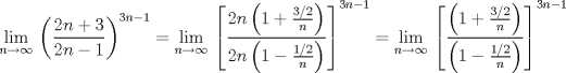 TEX: $$\underset{n\to \infty }{\mathop{\lim }}\,\left( \frac{2n+3}{2n-1} \right)^{3n-1}=\underset{n\to \infty }{\mathop{\lim }}\,\left[ \frac{2n\left( 1+\frac{3/2}{n} \right)}{2n\left( 1-\frac{1/2}{n} \right)} \right]^{3n-1}=\underset{n\to \infty }{\mathop{\lim }}\,\left[ \frac{\left( 1+\frac{3/2}{n} \right)}{\left( 1-\frac{1/2}{n} \right)} \right]^{3n-1}$$