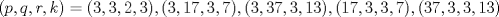 TEX: \( (p, q, r, k)=(3, 3, 2, 3), (3, 17, 3, 7), (3, 37, 3, 13), (17, 3, 3, 7), (37, 3, 3, 13) \)