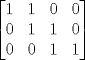 TEX: $\begin{bmatrix}<br />1 &  1&  0& 0 \\ <br />0 &  1&  1& 0 \\ <br />0 &  0&  1& 1<br />\end{bmatrix}$