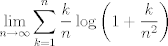 TEX: $$ \lim_{n \to \infty} \sum_{k=1}^n \frac{k}{n} \log \left( 1+\frac{k}{n^2}\right) $$