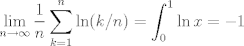 TEX:  $$\lim_{n \to \infty}\frac 1n\sum_{k=1}^n \ln(k/n)=\int_0^1 \ln x=-1$$