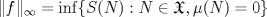 TEX: $\|f\|_{\infty }=\inf \{S(N):N\in \mathfrak{X}, \mu (N)=0\}$