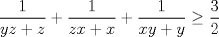 TEX: \( \displaystyle \frac{1}{yz+z} + \frac{1}{zx+x} + \frac{1}{xy+y} \ge \frac{3}{2} \)