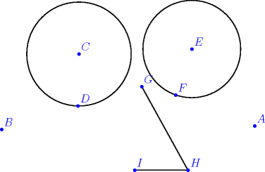 TEX: \begin{pspicture*}(-1.12,-0.42)(21.7,11.36)<br />\pscircle(9.18,7.52){1.88}<br />\pscircle(13.24,7.7){1.76}<br />\psline(11.44,6.34)(13.1,3.32)<br />\psline(13.1,3.32)(11.18,3.32)<br /><br />\psdots[dotstyle=*,linecolor=blue](15.5,4.92)<br />\rput[bl](15.58,5.04){\blue{$A$}}<br />\psdots[dotstyle=*,linecolor=blue](6.4,4.8)<br />\rput[bl](6.48,4.92){\blue{$B$}}<br />\psdots[dotstyle=*,linecolor=blue](9.18,7.52)<br />\rput[bl](9.26,7.64){\blue{$C$}}<br />\psdots[dotstyle=*,linecolor=blue](9.14,5.64)<br />\rput[bl](9.22,5.76){\blue{$D$}}<br />\psdots[dotstyle=*,linecolor=blue](13.24,7.7)<br />\rput[bl](13.32,7.82){\blue{$E$}}<br />\psdots[dotstyle=*,linecolor=blue](12.66,6.04)<br />\rput[bl](12.74,6.16){\blue{$F$}}<br />\psdots[dotstyle=*,linecolor=blue](11.44,6.34)<br />\rput[bl](11.52,6.46){\blue{$G$}}<br />\psdots[dotstyle=*,linecolor=blue](13.1,3.32)<br />\rput[bl](13.18,3.44){\blue{$H$}}<br />\psdots[dotstyle=*,linecolor=blue](11.18,3.32)<br />\rput[bl](11.26,3.44){\blue{$I$}}<br />\end{pspicture*}