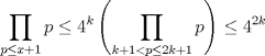 TEX: $\displaystyle \prod_{p \leq x+1} p  \leq 4^{k} \left(\prod_{k+1 < p\leq 2k+1}p\right) \leq 4^{2k}$