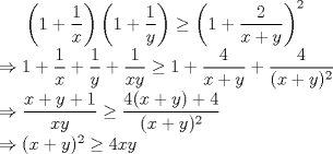 TEX: $\left(1+\dfrac{1}{x} \right) \left(1+\dfrac{1}{y} \right) \geq \left(1+\dfrac{2}{x+y} \right)^{2}$\\<br />$\Rightarrow 1+\dfrac{1}{x}+\dfrac{1}{y}+\dfrac{1}{xy} \geq 1+\dfrac{4}{x+y}+\dfrac{4}{(x+y)^{2}}$\\<br />$\Rightarrow \dfrac{x+y+1}{xy} \geq \dfrac{4(x+y)+4}{(x+y)^{2}}$\\<br />$\Rightarrow (x+y)^{2} \geq 4xy$