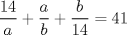 TEX: $$\frac{{14}}{a} + \frac{a}{b} + \frac{b}{{14}} = 41$$