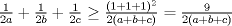 TEX: $\frac{1}{2a}+\frac{1}{2b}+\frac{1}{2c}\ge \frac{(1+1+1)^2}{2(a+b+c)}=\frac{9}{2(a+b+c)}$