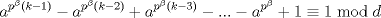 TEX: $$a^{p^{\beta }\left( k-1 \right)}-a^{p^{\beta }\left( k-2 \right)}+a^{p^{\beta }\left( k-3 \right)}-...-a^{p^{\beta }}+1\equiv 1\bmod d$$