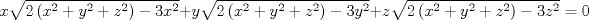 TEX: $$x\sqrt{2\left( x^{2}+y^{2}+z^{2} \right)-3x^{2}}+y\sqrt{2\left( x^{2}+y^{2}+z^{2} \right)-3y^{2}}+z\sqrt{2\left( x^{2}+y^{2}+z^{2} \right)-3z^{2}}=0$$