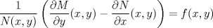 TEX: $$\frac{1}{N(x,y)}\left ( \frac{\partial M}{\partial y}(x,y)-\frac{\partial N}{\partial x}(x,y) \right )=f(x,y)$$