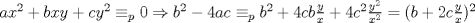 TEX: $ax^2+bxy+cy^2 \equiv_p 0 \Rightarrow b^2-4ac \equiv_p b^2+4cb\frac{y}{x}+4c^2\frac{y^2}{x^2} = (b+2c\frac{y}{x})^2$