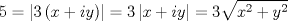 TEX: $$5=\left| 3\left( x+iy \right) \right|=3\left| x+iy \right|=3\sqrt{x^{2}+y^{2}}$$