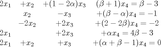 TEX: \[\begin{matrix}<br />2x_1 & +x_2 & +(1-2\alpha)x_3 & (\beta +1)x_4 = \beta -3\\<br /> & x_2 & -x_3 & +(\beta -  \alpha)x_4 = -1\\<br /> & -2x_2 & +2x_3 & +(2-2\beta)x_4 = -2\\<br />2x_1 & & +2x_3 & +\alpha x_4 = 4\beta -3\\<br />2x_1 & +x_2 & +x_3 & +(\alpha +\beta -1) x_4 = 0<br />\end{matrix}\]