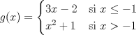 TEX: <br />\begin{equation*}<br />g(x) =<br />\begin{cases}<br />3x-2 & \text{si $x\leq -1$}\\<br />x^2+1 & \text{si $x>-1$}<br />\end{cases}<br />\end{equation*}<br />