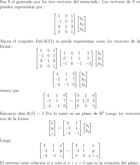 TEX: \noindent Sea S el generado por los tres vectores del enunciado. Los vectores de $S$ se pueden representar por :<br />$$\begin{bmatrix} 1 & 0 & 1 \\ -1 & 0 & 2 \\ 3 & 1 & 3 \\ 0 & 0 & 1 \end{bmatrix}  \begin{bmatrix} \lambda_1 \\ \lambda_2 \\ \lambda_3  \end{bmatrix}$$<br />Ahora el conjunto $Im(A(S))$ se puede representar como los vectores de la forma  :<br />$$ \begin{bmatrix} 1 & 0 & 1 \\ -1 & 0 & 2 \\ 3 & 1 & 3 \\ 0 & 0 & 1 \end{bmatrix} <br />\begin{bmatrix} 1 & 0 & 1 & 2 \\ 0 & 1 & 1 & 2 \\ -1 & 0 & -1 & -2  \end{bmatrix}  \begin{bmatrix} \lambda_1 \\ \lambda_2 \\ \lambda_3  \end{bmatrix}$$ <br />$$\begin{bmatrix} 4 & 1 & 6 \\ -2 & 1 & 7 \\ -4 & -1 & 6 \end{bmatrix}  \begin{bmatrix} \lambda_1 \\ \lambda_2 \\ \lambda_3  \end{bmatrix}$$<br />vemos que <br />$$\begin{bmatrix} 4 & 1 & 6 \\ -2 & 1 & 7 \\ -4 & -1 & 6 \end{bmatrix} \sim  \begin{bmatrix} 4 & 1 & 6 \\ 0 & 1/2 & 4 \\ 0 & 0 & 0 \end{bmatrix}  $$ <br />Entonces $ \dim A(S) = 2 $ Por lo tanto es un plano de $\mathbb{R}^3$<br />Luego los vectores son de la forma <br />$$\begin{bmatrix} x \\ y \\  z  \end{bmatrix}=\begin{bmatrix} 4 & 1  \\ -2 & 1 \\ -4 & -1  \end{bmatrix}  \begin{bmatrix} \lambda_1 \\ \lambda_2   \end{bmatrix}$$ <br />Luego<br />$$\begin{bmatrix} 4 & 1 & x  \\ -2 & 1 & y  \\ -4 & -1 & z  \end{bmatrix} \sim  \begin{bmatrix} 4 & 1 & x  \\ -2 & 1 & y  \\ 0 & 0 & x+z  \end{bmatrix} $$<br />El sistema tiene solucin si y solo si $x+z=0$ que es la ecuacin del plano.<br /> 