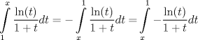 TEX: $$\int\limits_{1}^{x}{\frac{\ln (t)}{1+t}dt}=-\int\limits_{x}^{1}{\frac{\ln (t)}{1+t}dt=}\int\limits_{x}^{1}{-\frac{\ln (t)}{1+t}dt}$$