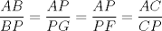 TEX: $\dfrac{AB}{BP}=\dfrac{AP}{PG}=\dfrac{AP}{PF}=\dfrac{AC}{CP}$