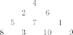 TEX: $\begin{matrix}<br />& & & 4 \\<br />& & 2 & & 6 \\<br />& 5 & & 7 & & 1 \\<br />8 & & 3 & & 10 & & 9<br />\end{matrix}$