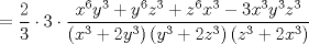 TEX: $$=\frac{2}{3}\cdot 3\cdot \frac{x^{6}y^{3}+y^{6}z^{3}+z^{6}x^{3}-3x^{3}y^{3}z^{3}}{\left( x^{3}+2y^{3} \right)\left( y^{3}+2z^{3} \right)\left( z^{3}+2x^{3} \right)}$$