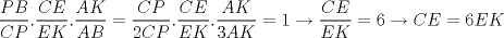 TEX: \[\frac{PB}{CP}.\frac{CE}{EK}.\frac{AK}{AB}=\frac{CP}{2CP}.\frac{CE}{EK}.\frac{AK}{3AK}=1\rightarrow \frac{CE}{EK}=6\rightarrow CE=6EK<br />\]