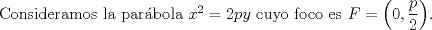 TEX: Consideramos la parbola $x^2=2py$ cuyo foco es $F=\left(0,\dfrac{p}{2}\right)$.