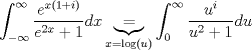 TEX: \[\int_{ - \infty }^\infty  {\frac{{{e^{x\left( {1 + i} \right)}}}}<br />{{{e^{2x}} + 1}}dx} \underbrace  = _{x = \log \left( u \right)}\int_0^\infty  {\frac{{{u^i}}}<br />{{{u^2} + 1}}du} \]<br />