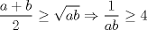 TEX: $\displaystyle \frac{a+b}{2} \geq \sqrt{ab} \Rightarrow \displaystyle \frac{1}{ab} \geq 4$