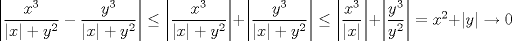 TEX: $\left|\dfrac{x^{3}}{|x|+y^{2}}-\dfrac{y^{3}}{|x|+y^{2}}\right|\leq\left| \dfrac{x^{3}}{|x|+y^{2}}\right|+\left|\dfrac{y^{3}}{|x|+y^{2}}\right|\leq \left|\dfrac{x^{3}}{|x|}\right|+\left|\dfrac{y^{3}}{y^{2}}\right|=x^{2}+|y| \rightarrow 0\\$