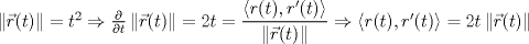 TEX: $\left \| \vec{r}(t) \right \|=t^2\Rightarrow \frac{\partial }{\partial t}\left \| \vec{r}(t) \right \|=2t=\dfrac{\left \langle r(t),r'(t) \right \rangle}{\left \| \vec{r}(t) \right \|} \Rightarrow \left \langle r(t),r'(t) \right \rangle=2t\left \| \vec{r}(t) \right \|$