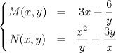 TEX: $$\left\{\begin{matrix}<br /> M(x,y)& = & 3x+\displaystyle\frac{6}{y}\\ <br /> N(x,y)& = & \displaystyle\frac{x^{2}}{y}+\frac{3y}{x}<br />\end{matrix}\right. $$