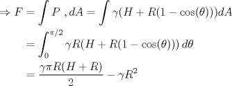 TEX: \begin{align*}<br />\Rightarrow F &= \int P \ ,dA = \int \gamma (H + R(1-\cos (\theta) )) dA \\<br /> &= \int_{0}^{\pi /2} \gamma R(H + R(1-\cos (\theta) ))\,d\theta \\<br /> &= \dfrac{\gamma \pi R (H+R)}{2} - \gamma R^2<br />\end{align*}