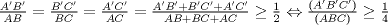 TEX: $\frac{A'B'}{AB}=\frac{B'C'}{BC}=\frac{A'C'}{AC}=\frac{A'B'+B'C'+A'C'}{AB+BC+AC}\geq\frac{1}{2}\Leftrightarrow \frac{(A'B'C')}{(ABC)}\geq\frac{1}{4}$