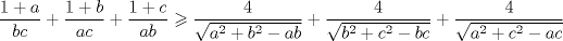 TEX: $$<br />\frac{{1 + a}}<br />{{bc}} + \frac{{1 + b}}<br />{{ac}} + \frac{{1 + c}}<br />{{ab}} \geqslant \frac{4}<br />{{\sqrt {a^2  + b^2  - ab} }} + \frac{4}<br />{{\sqrt {b^2  + c^2  - bc} }} + \frac{4}<br />{{\sqrt {a^2  + c^2  - ac} }}<br />$$