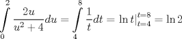 TEX: \[<br />\int\limits_0^2 {\frac{{2u}}<br />{{u^2  + 4}}du}  = \int\limits_4^8 {\frac{1}<br />{t}dt}  = \left. {\ln t} \right|_{t = 4}^{t = 8}  = \ln 2<br />\]