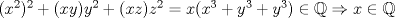 TEX: $(x^2)^2+(xy)y^2+(xz)z^2 = x(x^3+y^3+y^3) \in \mathbb{Q} \Rightarrow x \in \mathbb{Q}$