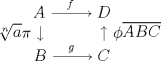 TEX: $\sqrt[n]{a}\begin{matrix}Y\xrightarrow{\;\;\;\;f\;\;\;\;}T\\\pi\downarrow{\;\;\;\;\;}\;\;\;\;\;\uparrow{} \phi\\T\xrightarrow{\;\;\;\;g\;\;\;\;}4\end{matrix}\overline{ABC}$