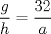 TEX: % MathType!MTEF!2!1!+-<br />% feaafiart1ev1aaatCvAUfeBSjuyZL2yd9gzLbvyNv2CaerbuLwBLn<br />% hiov2DGi1BTfMBaeXatLxBI9gBaerbd9wDYLwzYbItLDharqqtubsr<br />% 4rNCHbGeaGqiVu0Je9sqqrpepC0xbbL8F4rqqrFfpeea0xe9Lq-Jc9<br />% vqaqpepm0xbba9pwe9Q8fs0-yqaqpepae9pg0FirpepeKkFr0xfr-x<br />% fr-xb9adbaqaaeGaciGaaiaabeqaamaabaabaaGcbaWaaSaaaeaaca<br />% WGNbaabaGaamiAaaaacqGH9aqpdaWcaaqaaiaaiodacaaIYaaabaGa<br />% amyyaaaaaaa!3B4B!<br />\[<br />\frac{g}{h} = \frac{{32}}{a}<br />\]<br />