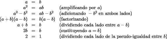 TEX: \begin{displaymath}<br />\begin{array}{rcll}<br />  a &=& b \hfill \\<br />  a^2  &=& ab&(\text{amplificando por }a) \hfill \\<br />  a^2  - b^2  &=& ab - b^2&(\text{adicionando }-b^2\ \text{en ambos lados})  \hfill \\<br />  (a + b)(a - b) &=& b(a - b)&(\text{factorizando}) \hfill \\<br />  a + b &=& b&(\text{dividiendo cada lado entre }a-b) \hfill \\<br />  2b &=& b&(\text{sustituyendo }a=b) \hfill \\<br />  2 &=& 1&(\text{dividiendo cada lado de la pseudo-igualdad entre }b) \hfill \\ <br />\end{array}<br />\end{displaymath}