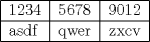 TEX: \begin{tabular}{|l | c | r|}<br />\hline<br />1234 & 5678 & 9012 \\<br />\hline<br />asdf & qwer & zxcv \\<br />\hline<br />\end{tabular}