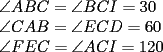 TEX: <br />\[<br />\begin{array}{l}<br /> \angle ABC = \angle BCI = 30 \\ <br /> \angle CAB = \angle ECD = 60 \\ <br /> \angle FEC = \angle ACI = 120 \\ <br /> \end{array}<br />\]<br />