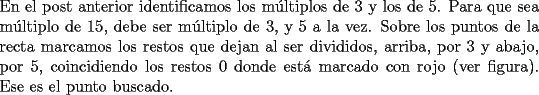 TEX: \noindent En el post anterior identificamos los m\'ultiplos de $3$ y los de $5$. Para que sea m\'ultiplo de $15$, debe ser m\'ultiplo de $3$, y $5$ a la vez. Sobre los puntos de la recta marcamos los restos que dejan al ser divididos, arriba, por $3$ y abajo, por $5$, coincidiendo los restos $0$ donde est\'a marcado con rojo (ver figura). Ese es el punto buscado.