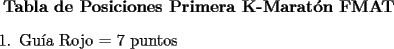 TEX: <br />{\bf Tabla de Posiciones Primera K-Marat\'on FMAT}<br />\begin{enumerate}<br />\item Gu\'{\i}a Rojo = 7 puntos<br />\end{enumerate}<br />