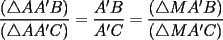 TEX: $\dfrac{(\triangle{AA'B})}{(\triangle{AA'C})}=\dfrac{A'B}{A'C}=\dfrac{(\triangle{MA'B})}{(\triangle{MA'C})}$