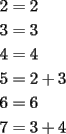 TEX: \begin{equation*}<br />\begin{aligned}<br />2&=2\\<br />3&=3\\<br />4&=4\\<br />5&=2+3\\<br />6&=6\\<br />7&=3+4<br />\end{aligned}<br />\end{equation*}