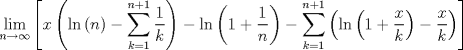 TEX: $$\mathop {\lim }\limits_{n \to \infty } \left[ {x\left( {\ln \left( n \right) - \sum\limits_{k = 1}^{n + 1} {\frac{1}<br />{k}} } \right) - \ln \left( {1 + \frac{1}{n}} \right) - \sum\limits_{k = 1}^{n + 1} {\left( {\ln \left( {1 + \frac{x}{k}} \right) - \frac{x}{k}} \right)} } \right]$$