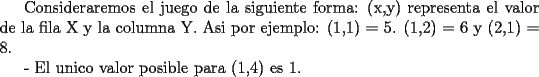 TEX: Consideraremos el juego de la siguiente forma: (x,y) representa el valor de la fila X y la columna  Y. Asi por ejemplo: (1,1) = 5. (1,2) = 6 y (2,1) = 8.<br /><br />- El unico valor posible para (1,4) es 1.