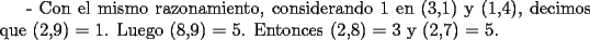 TEX: - Con el mismo razonamiento, considerando 1 en (3,1) y (1,4), decimos que (2,9) = 1. Luego (8,9) = 5. Entonces (2,8) = 3 y (2,7) = 5.