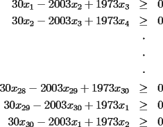 TEX: \begin{eqnarray*}<br />30x_1-2003x_2+1973x_3&\ge&0 \\<br />30x_2-2003x_3+1973x_4&\ge&0 \\<br />&\cdot& \\<br />&\cdot& \\<br />&\cdot& \\<br />30x_{28}-2003x_{29}+1973x_{30}&\ge&0 \\<br />30x_{29}-2003x_{30}+1973x_1&\ge&0 \\<br />30x_{30}-2003x_1+1973x_2&\ge&0 <br />\end{eqnarray*}